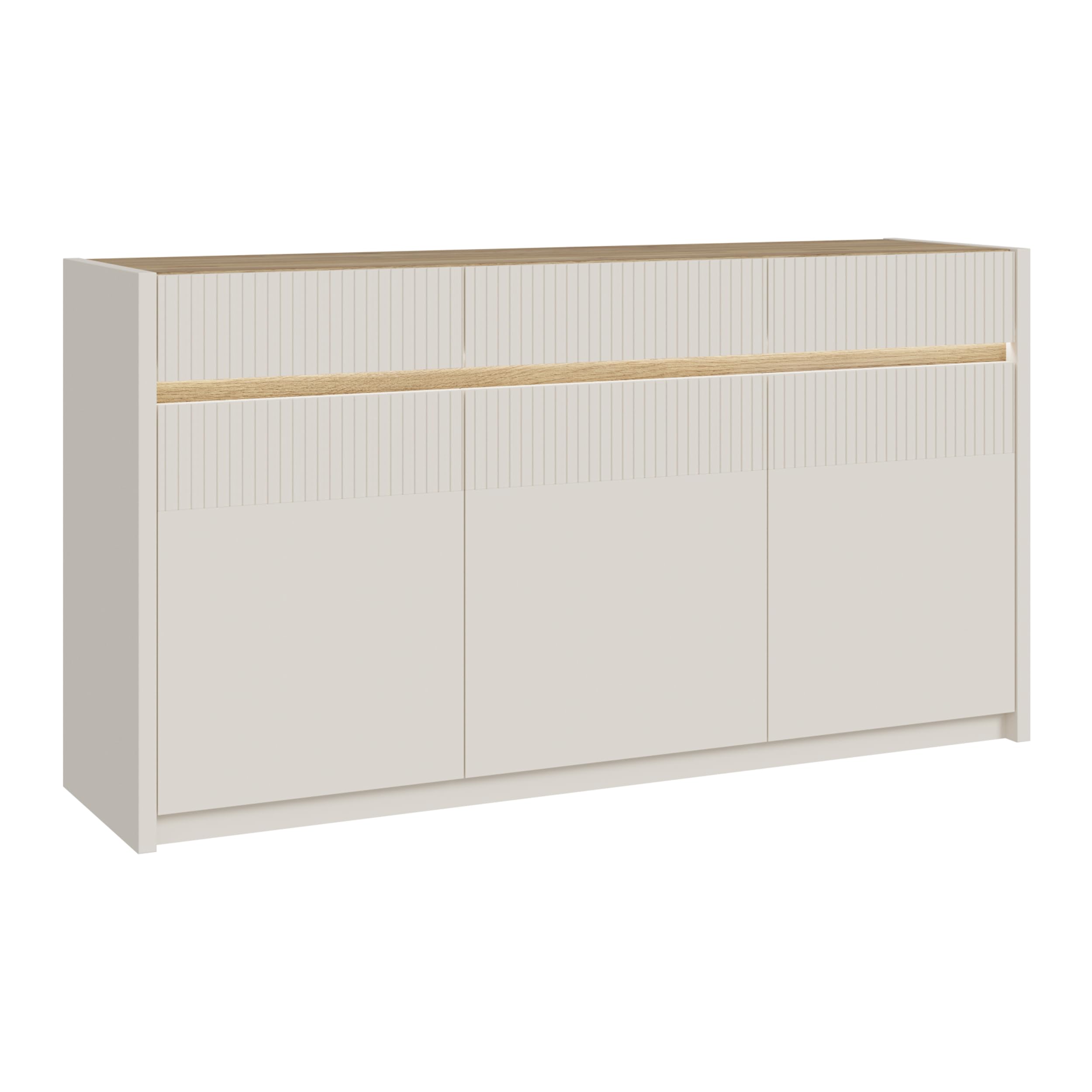 Forte Oak SQUERE Sideboard 160, Elegantes Sideboard mit 3 Türen, Beleuchtung und Lamellendesign, Holzwerkstoff, Mauvella Eiche Dekor/Sand, 160 cm breit x 85,9 cm hoch x 41,5 cm tief
