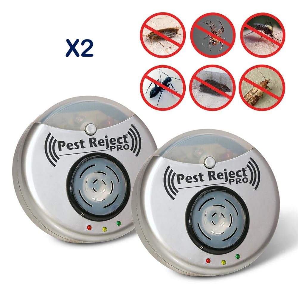 Juego de 2 Ahuyentadores Ultrasónicos de Insectos Pest Repelente Pro | Mosquitos, Roedores, Insectos, Cucarachas mediante ultrasonidos | Repelente electrónico | Cobertura 300m²