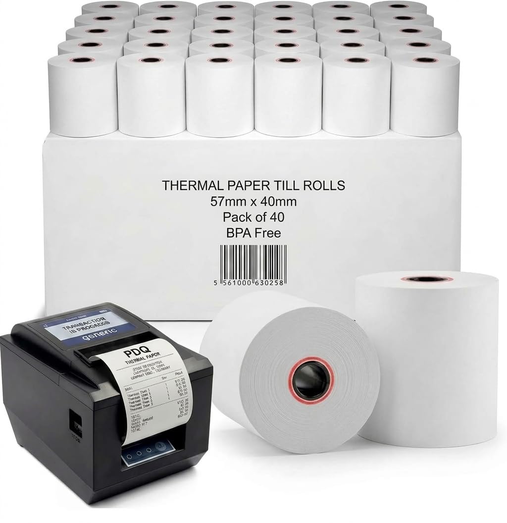 Thermal Paper Till Rolls 57 x 40 mm, Credit Card Machine PDQ Rolls, POS & EPOS Receipt Paper, Pack of 40