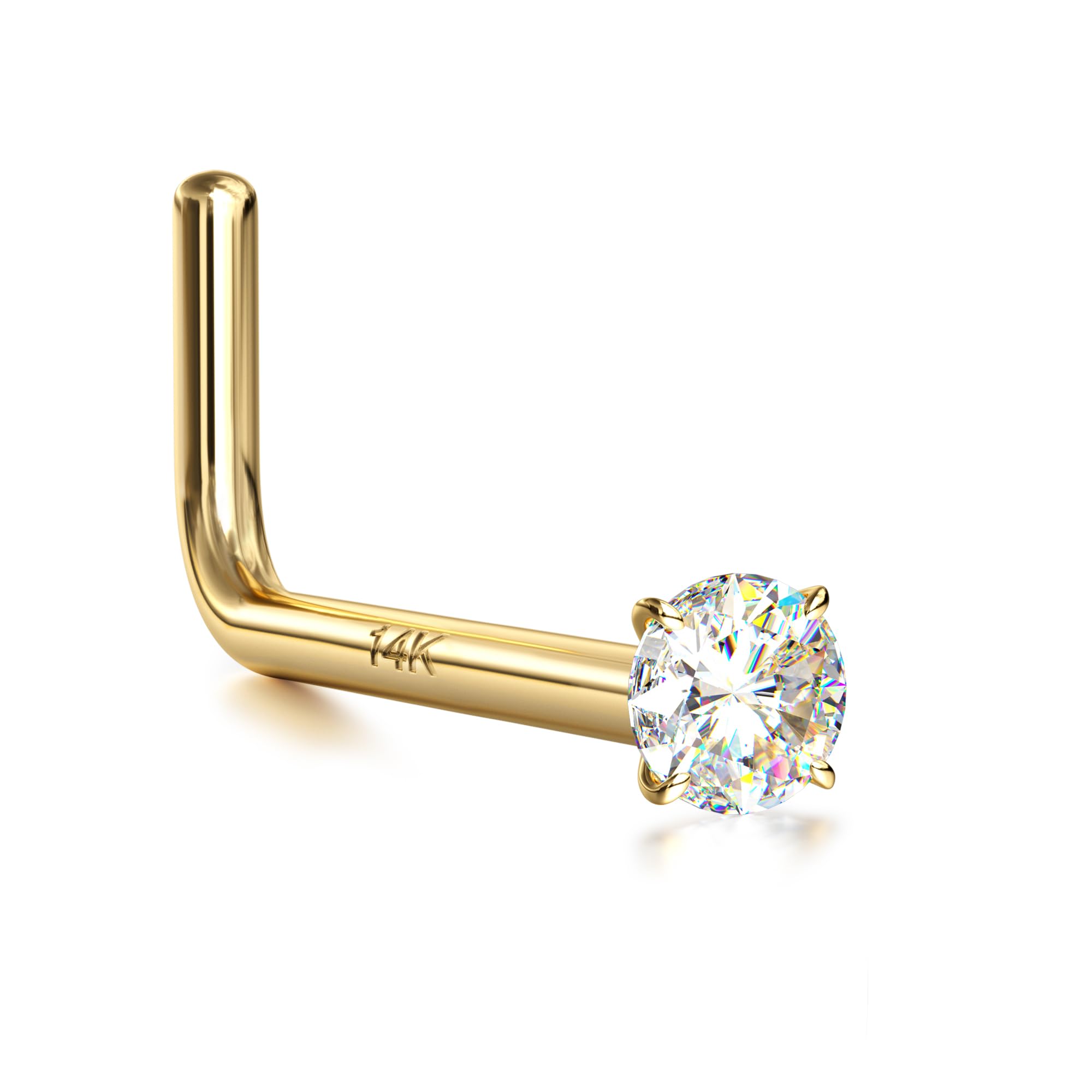 14K Real Gold Nose Studs, 18G 20G Solid Gold L Shaped Nose Rings, Simulated Diamond CZ Hypoallergenic Nose Piercings for Women Men 1.5 2 3MM