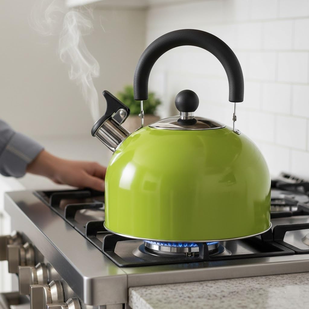 Stainless Steel Whistling Kettle, Fast-Boil Stovetop Tea Kettle, 2.5L or 3.5L, Metallic Green or Black & Chrome (Green Camping, 2.5L)