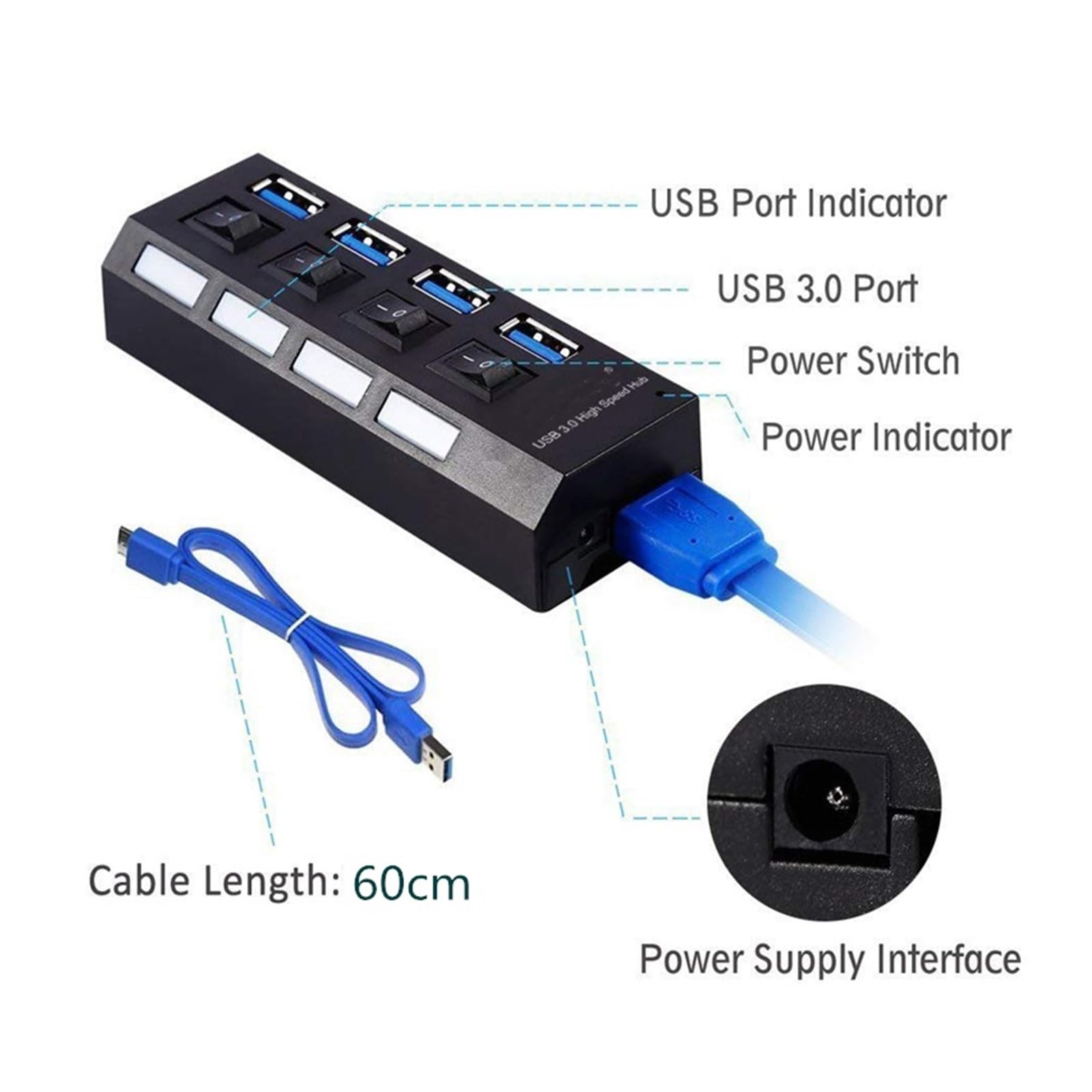 HUB USB 2.0/3.0 Multi 4 7 Porta Con Adattatore Di Alimentazione For Computer PC Accessori For Laptop Splitter Multiple Hab Capacità Di Ricarica Rapida(3.0 7 Port Black)