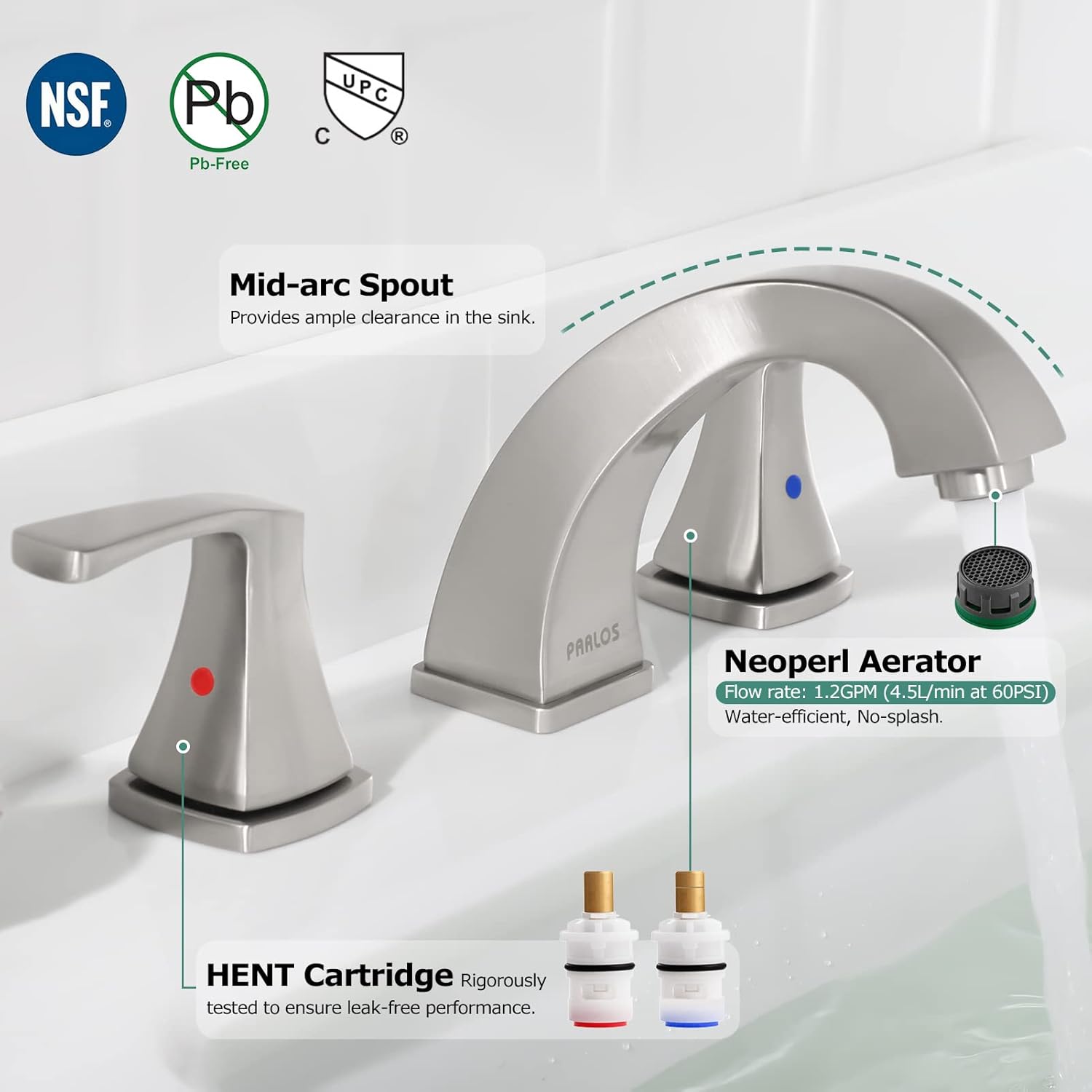 PARLOS Widespread Double Handles Bathroom Faucet with Pop Up Drain and cUPC Faucet Supply Lines, Brushed Nickel, Doris 14172 - Image 2