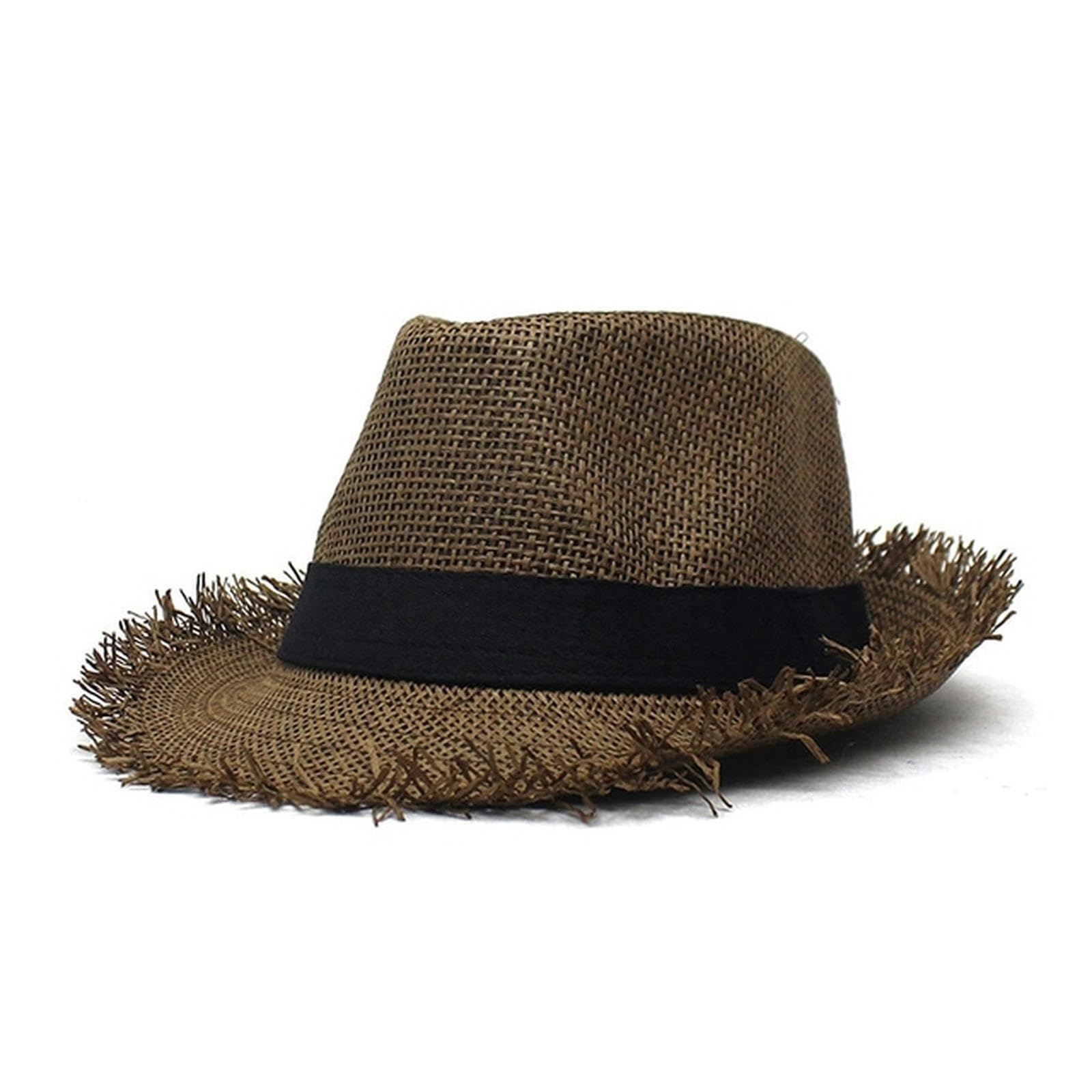 Wanam Men's Brown Beach Hat Summer Panama Cap Casual Trilby Fedora Hat Straw Hat Uv Protection Wide Brim