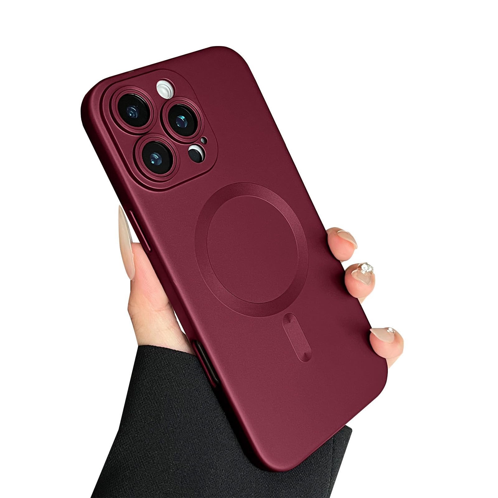 Magnetic Case for iPhone 16 Pro Max Phone Case for Women, Matte Luxury Soft Metallic Luster Design with Camera Lens Protector, Compatible with Magsafe Case for iPhone 16 Pro Max 6.9"-Wine Red