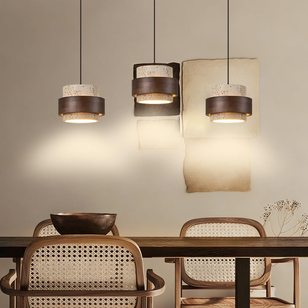 Lampadario Tre Luci E27 Lampada A Sospensione Giapponese Wabi-Sabi Paralume In Travertino Giallo Lampada Tavolo Da Pranzo Vintage Luce Sospese Legno Adatta Per Sala Da Pranzo Isola Cucina(A2)