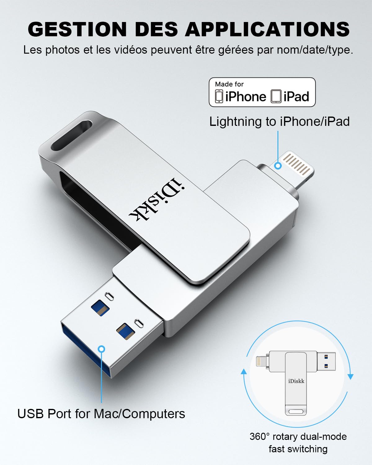 Clé USB iDiskk 128G Lightning pour iPhone, cle USB iphone certifiée MFi pour iPhone, clé USB de Stockage Externe pour iPhone Compatible avec iPad Mac et PC