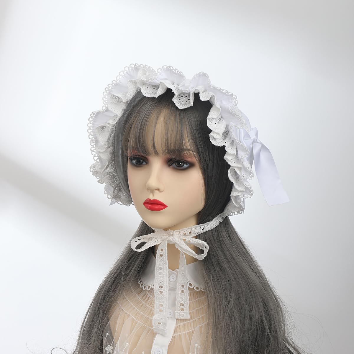 BPURB Victorian White Lace Bonnet Hat for Women Ladies Handmaid Medieval Colonial Costume Accessory Cotton (White-1) - Image 3