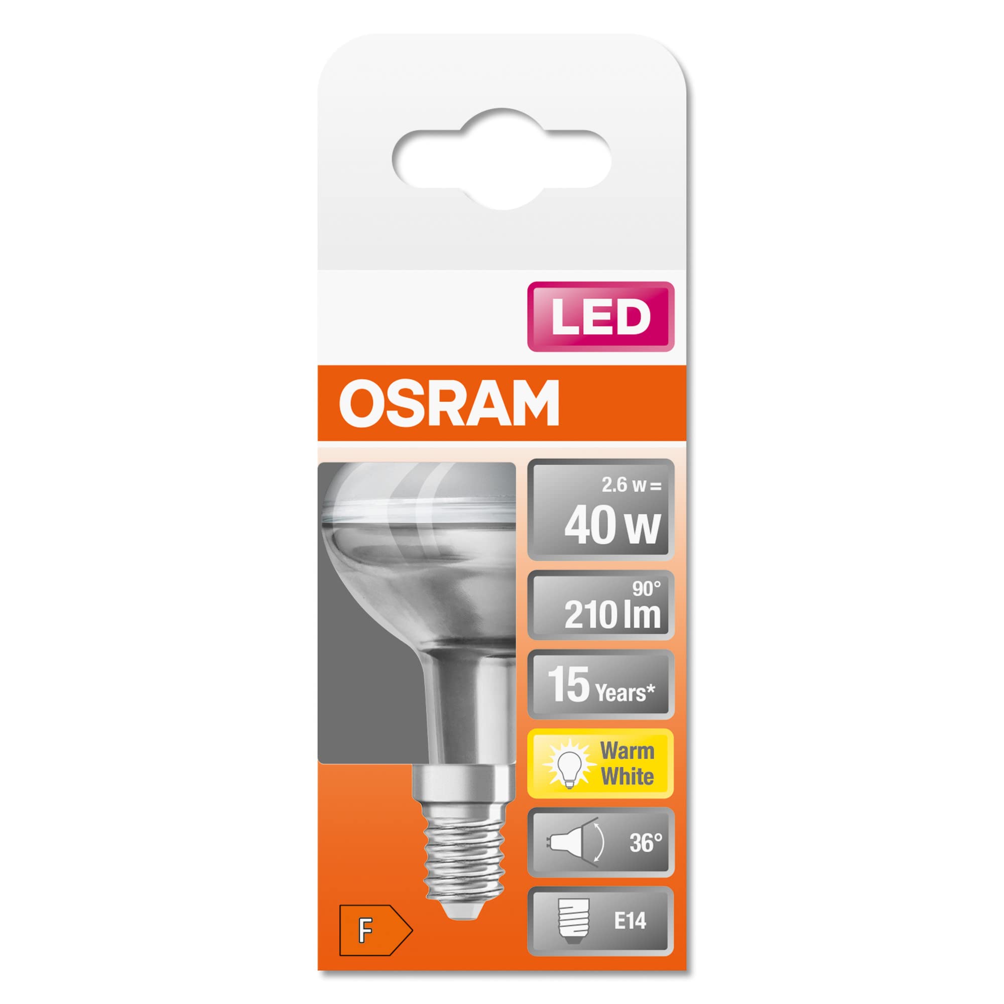 OSRAM LED Star R50, Base: E14, Non-dimmable, Warm White, 2700 K, 3.30 W, Replacement for 40 W Reflector lamp, Pack of 6 - Image 4