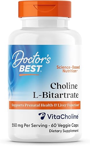 Doctor's Best L-bitartrato de colina (VitaCholine), apoya la salud prenatal y la función hepática, sin OMG, sin gluten, sin soja, veganas, 60