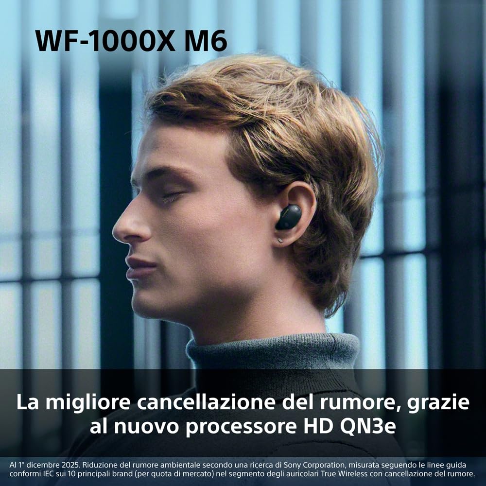 Sony WF-1000XM6: auricolari wireless top di gamma con noise cancelling, suono Hi-Res, chiamate nitide, EQ a 10 bande, autonomia fino a 24 ore NC on, IPX4, iOS/Android - Black