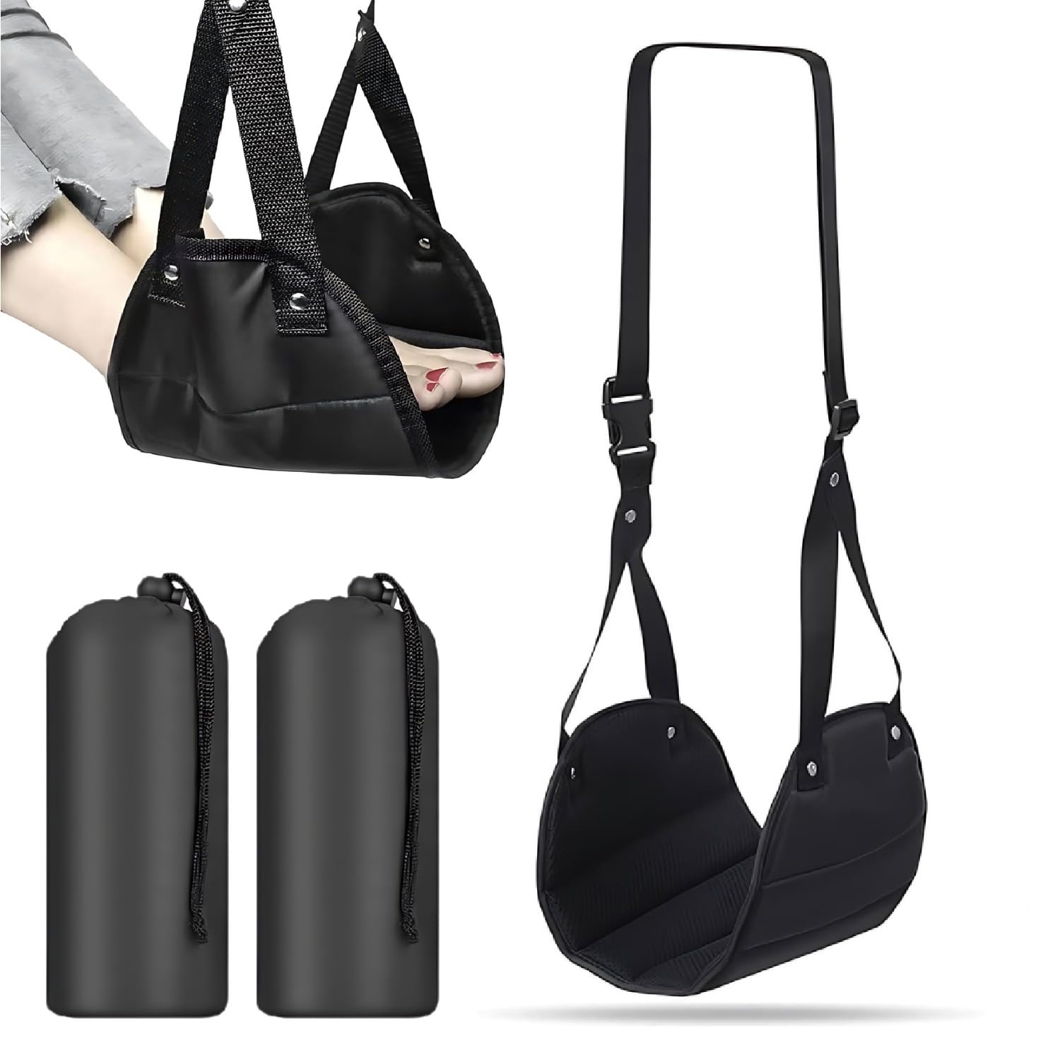 Portable Foot Hammock for Plane Travel, Adjustable Lightweight Foot Rest with Premium Memory Foam to Relax Your Feet – Travel Essentials Pack of 2, Black