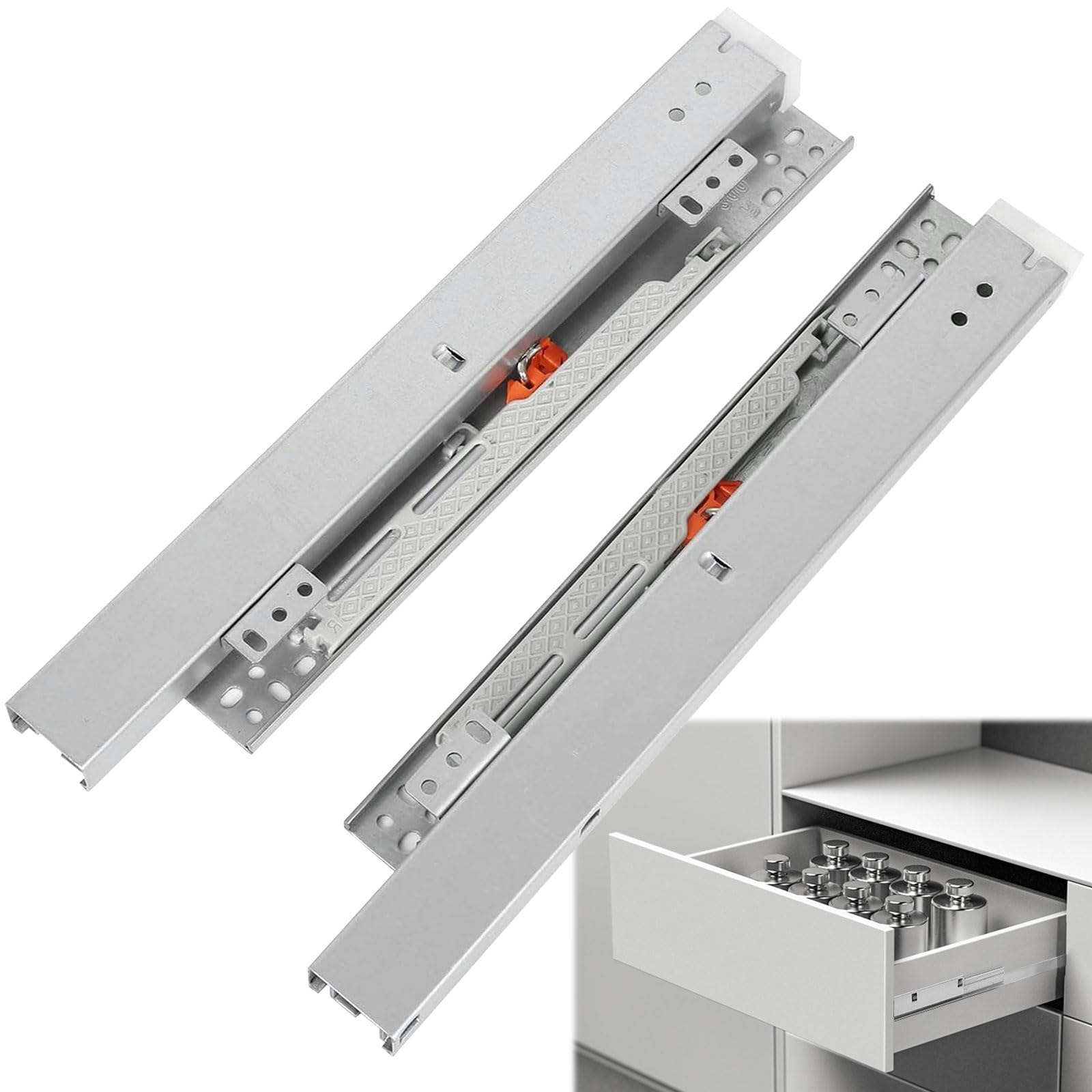 Bottom Mounted Drawer Runners, 1 Pair of 17.7inch/450mm Soft Close Drawer Runners, Full-Extension Ball Bearing Kitchen Cabinet Replacement Hidden Runners