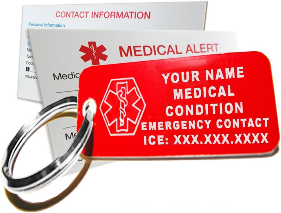 Customized Engraved Medical Alert ID Keychain Tag, Plastic, Rectangle, Pink, Small, 2.25 x .79 Inch