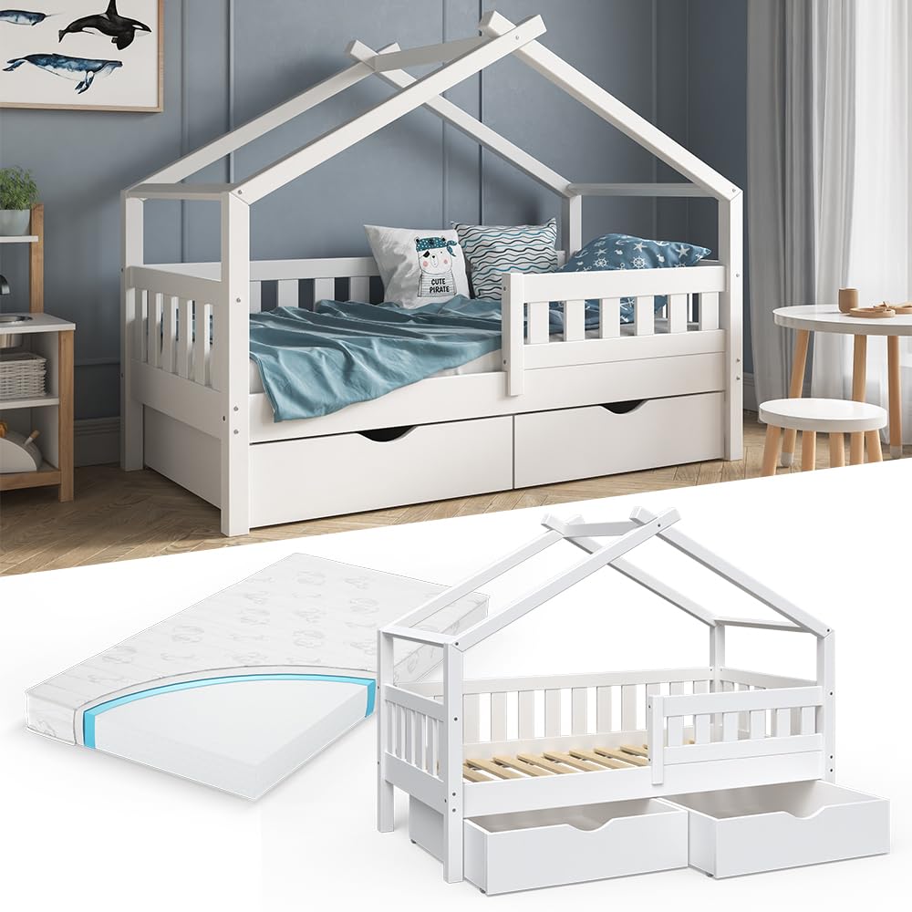 VitaliSpa Letto montessori bambini Design, Bianco, 80x160 cm | con 2 cassetti e materasso, adatto come area giochi e zona notte per bambini