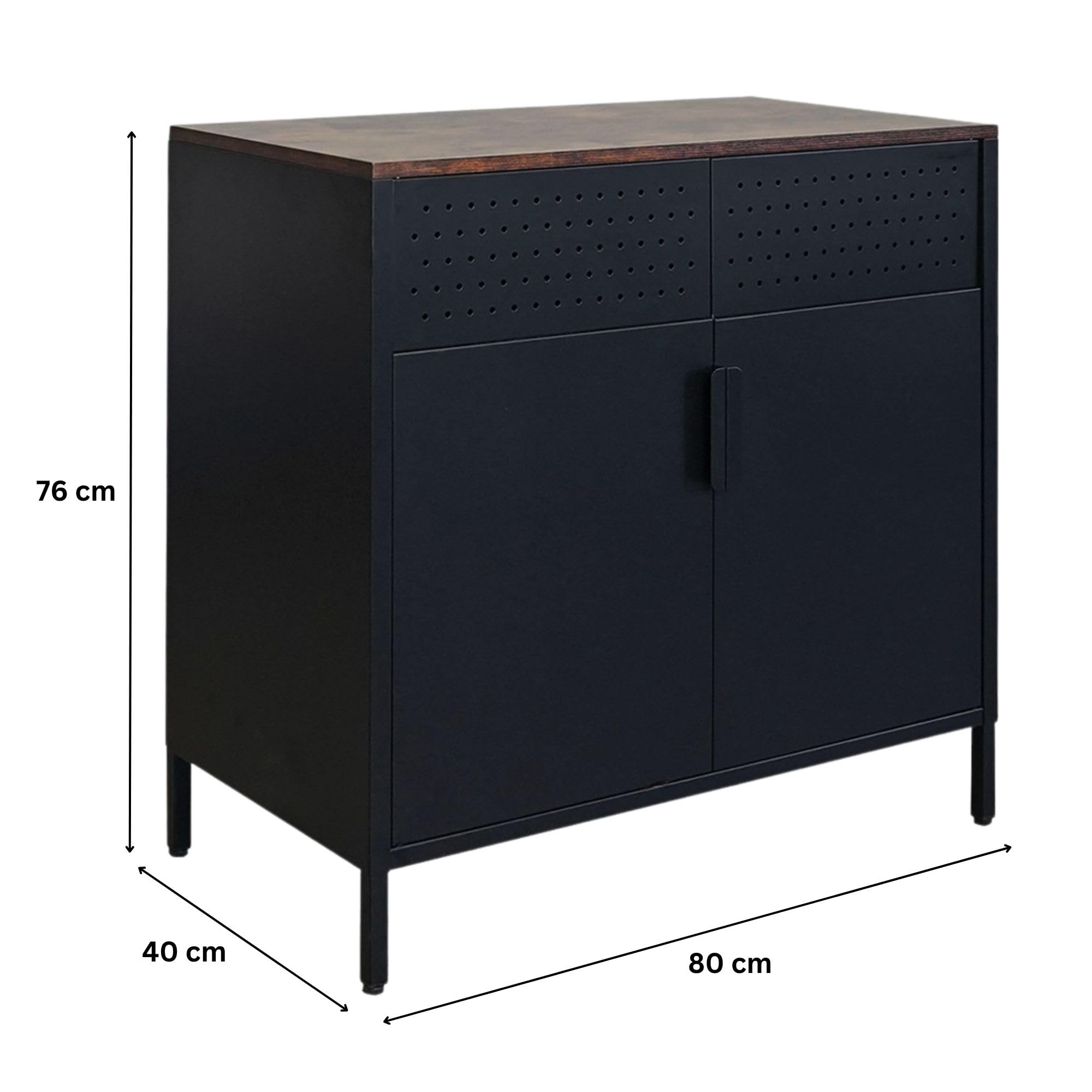 PROREGAL Aktenschrank Lion Metall mit Beinen Metallschrank Doppeltür mit Magnetverschluss 76x80x40cm Kommode 2 verstellbare Einlegeböden Stahl Vintagebraun/Schwarz Aufbewahrungsschrank Büroschrank