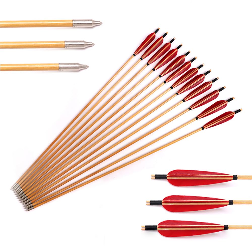 12 Pezzi OD 8 mm Freccia di Legno 5 Pollici Rosso Forma della Goccia Piuma di Tacchino, 82 cm di Lunghezza per Arco e Freccia Tiro con L'Arco Pratica e Caccia