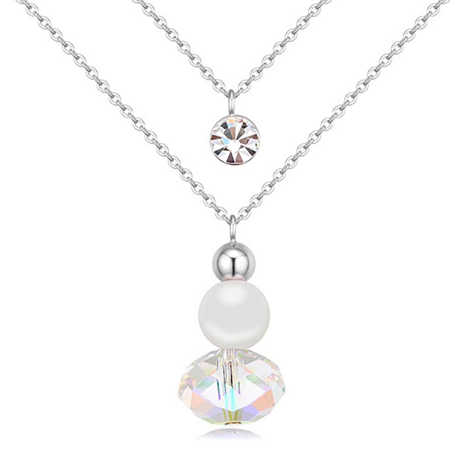 Layered Crystal Pearl Necklace, Double Chain Silver Pendant with Iridescent Crystal and Pearl, Fashion Jewellery