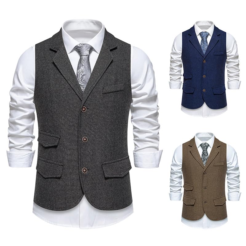 Herringbone Tweed Men's Vest, Dress Shirt and Patterned Tie Set4