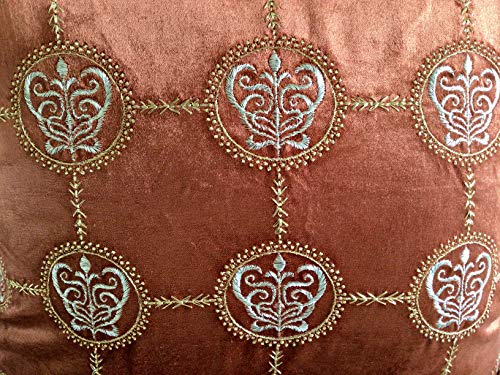 Image of TARA- Sparkling Homes 18 x 18 Inches Zari Embroidered Velvet Cushion Covers, 'Cleopatra' from 'The Royal Collection', Set of 1 (Burnt Orange, 18 x 18 Inches)