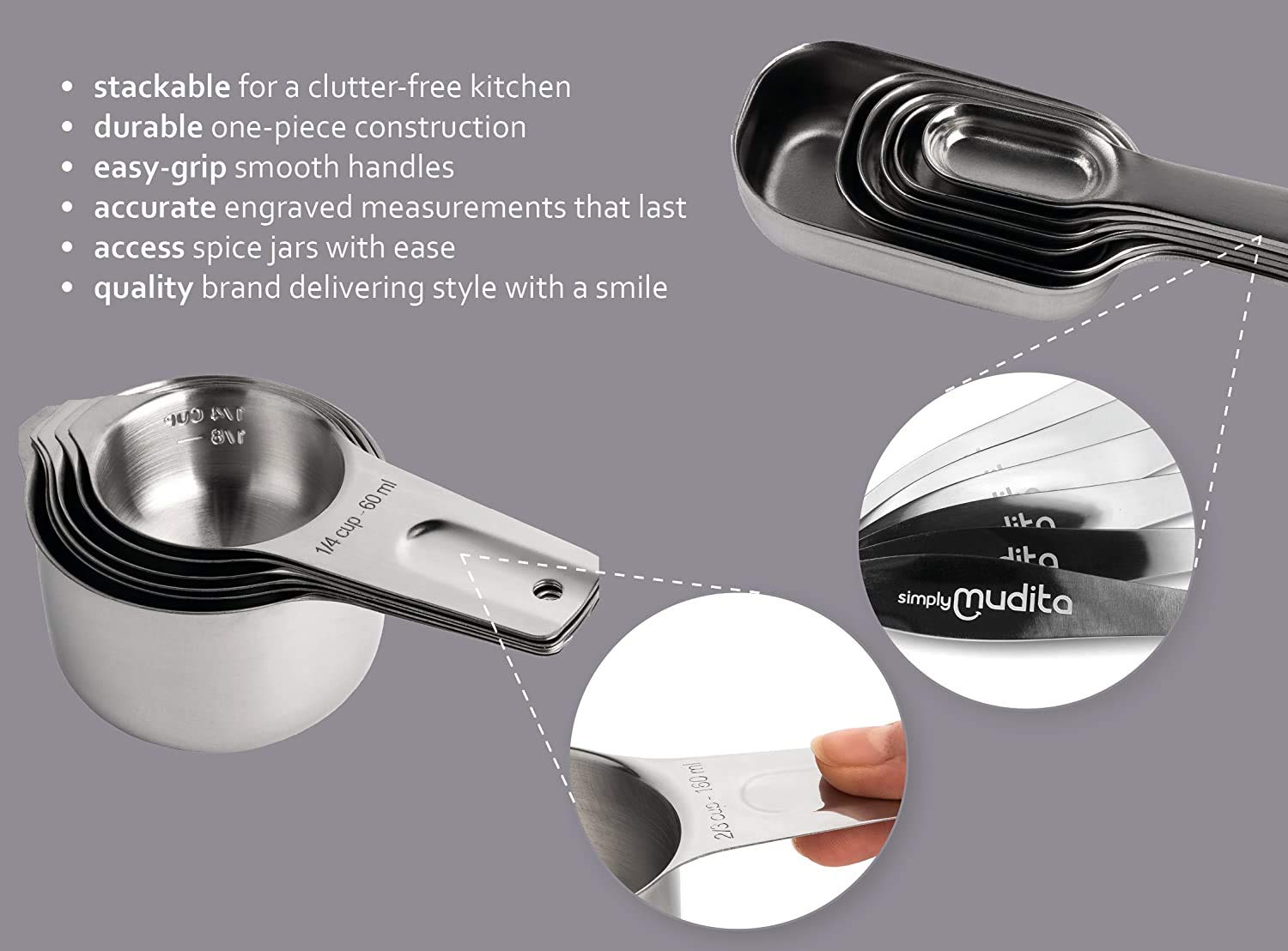 Set di tazze e cucchiai dosatori in acciaio inox, 13 pezzi. 7 misurini in metallo pesante. 6 cucchiai con manico lungo. Ingredienti secchi o liquidi. Misurazione metrica incisa. Tabella di