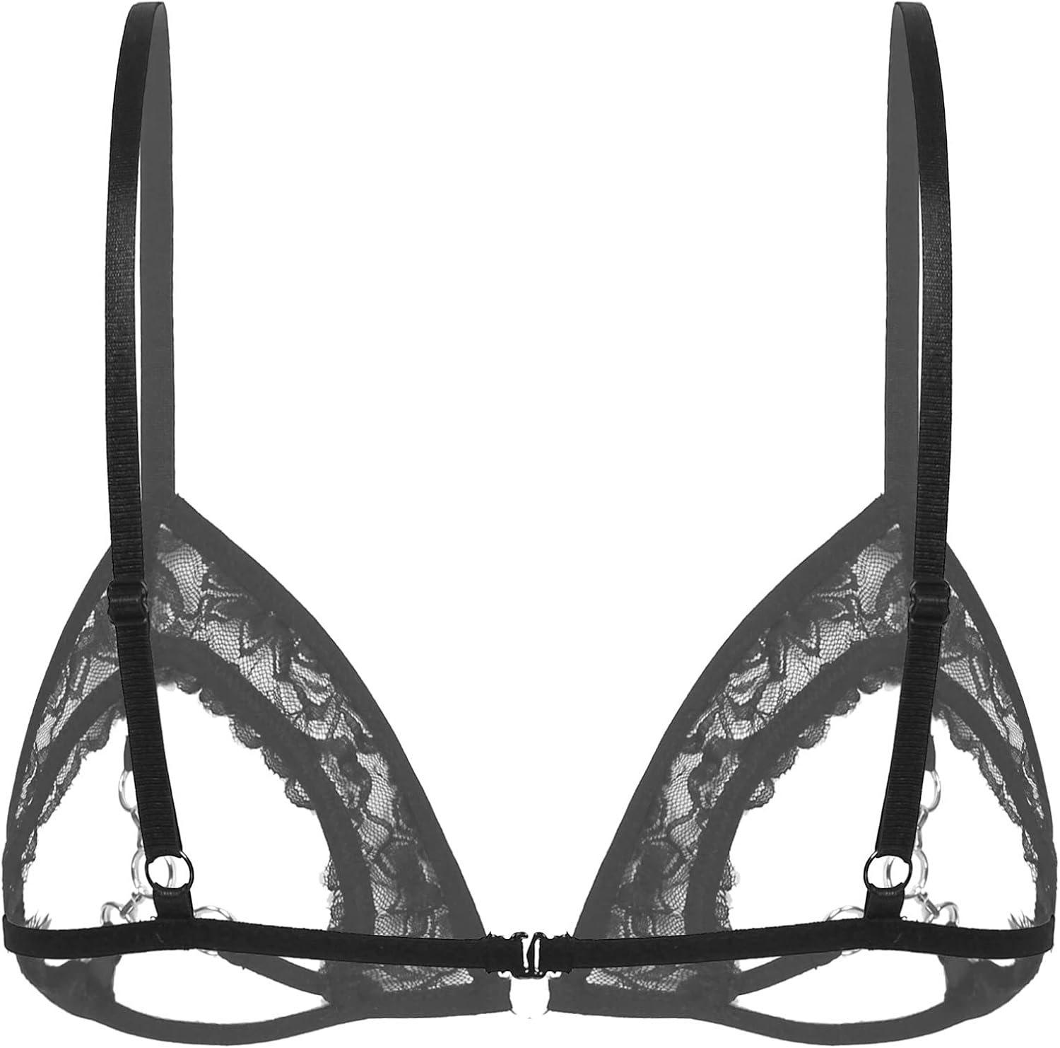Womens Hollow Out Wire-Free Unlined Floral Lace Bra Top with Shiny Metallic Metal Rings