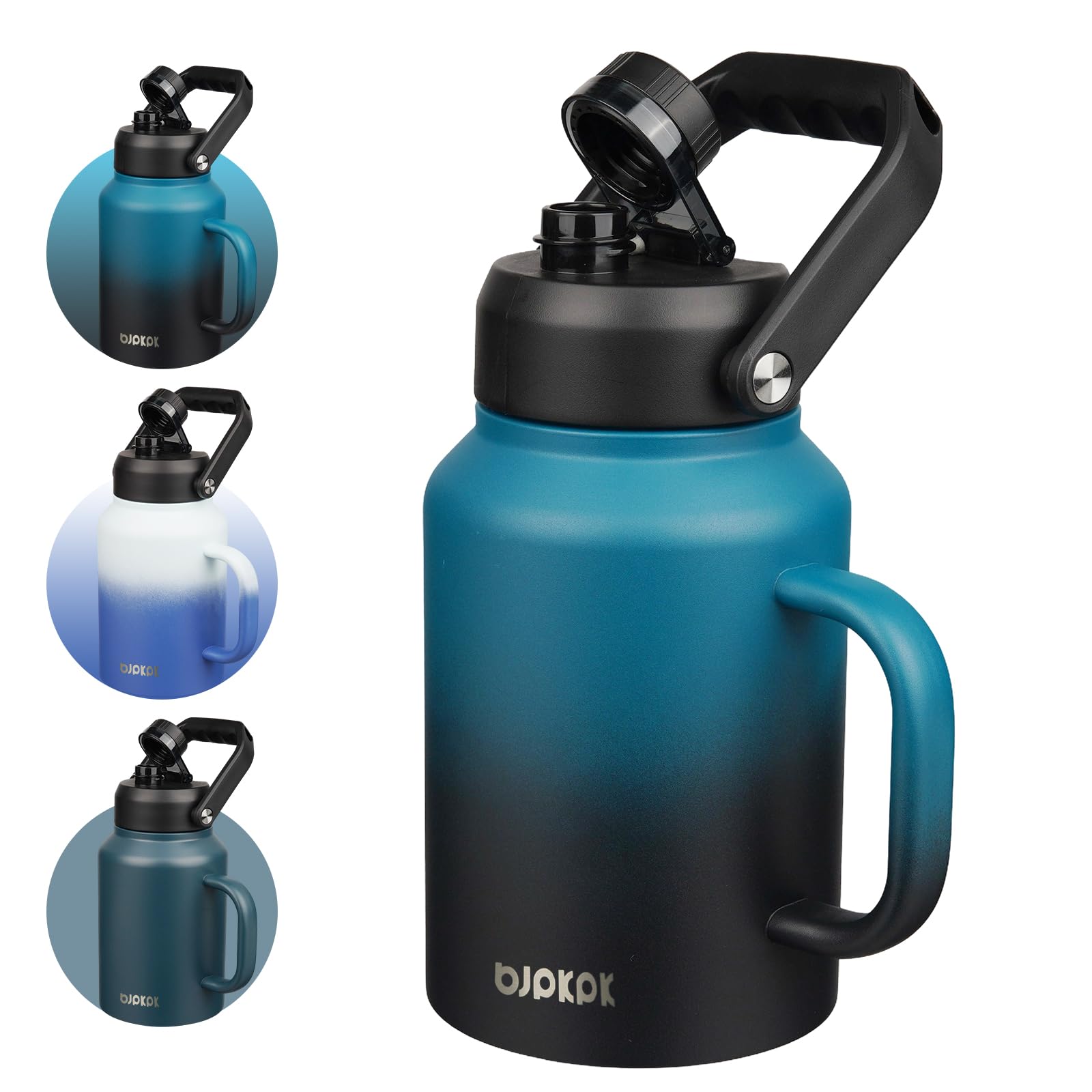 BJPKPK 64oz Insulated Water Bottle with Handle, Large Dishwasher Safe Half Gallon Water Bottle, BPA Free Water Jug, Wide Mouth Metal Water Bottle with Anti-slip Bottom, Keep Cold & Hot, Blue & Black