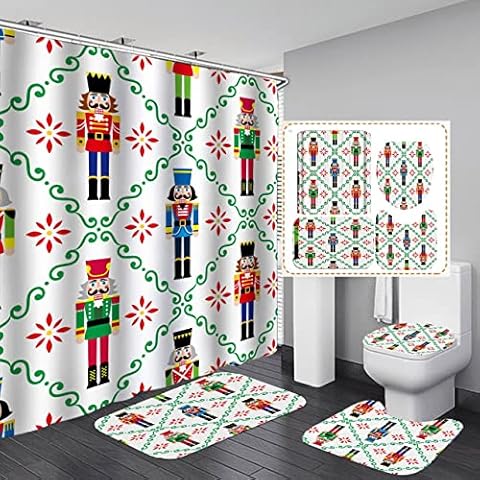 Smaroll Christmas Nutcracker Shower Curtain Set with Rugs Merry Christmas Fabric Waterproof Holiday Shower Curtains for Bathroom Set with Shower Curtain Bathroom Curtains Shower Sets White Green Cover