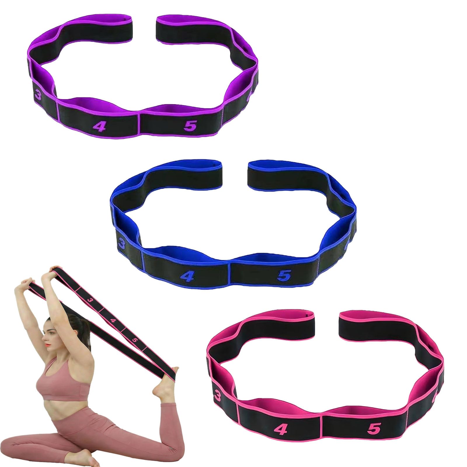 3 Pack Yoga Stretch Strap with Loops, Numbered Resistance Bands for Flexibility, 8-Section Elastic Exercise Bands for Pilates, Dance, Gymnastics & Warm Up (Blue, Purple, Rose Red)
