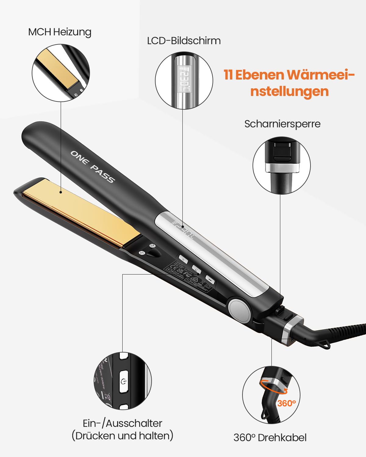 Faszin 2 in 1 Glätteisen Locken und Glätten, 20s Schnellaufheizung, Titanplatten Ionen Haarglätter für einen glatten Stil, 3D-Schwebepanel verhindert Haarziehen, mit LCD-Display, 130°C-230°C - Noir