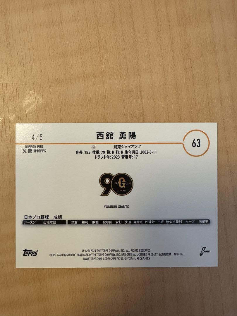 Amazon.co.jp: topps npb 2024 西舘勇陽 RC ルーキー 5枚限定 60 