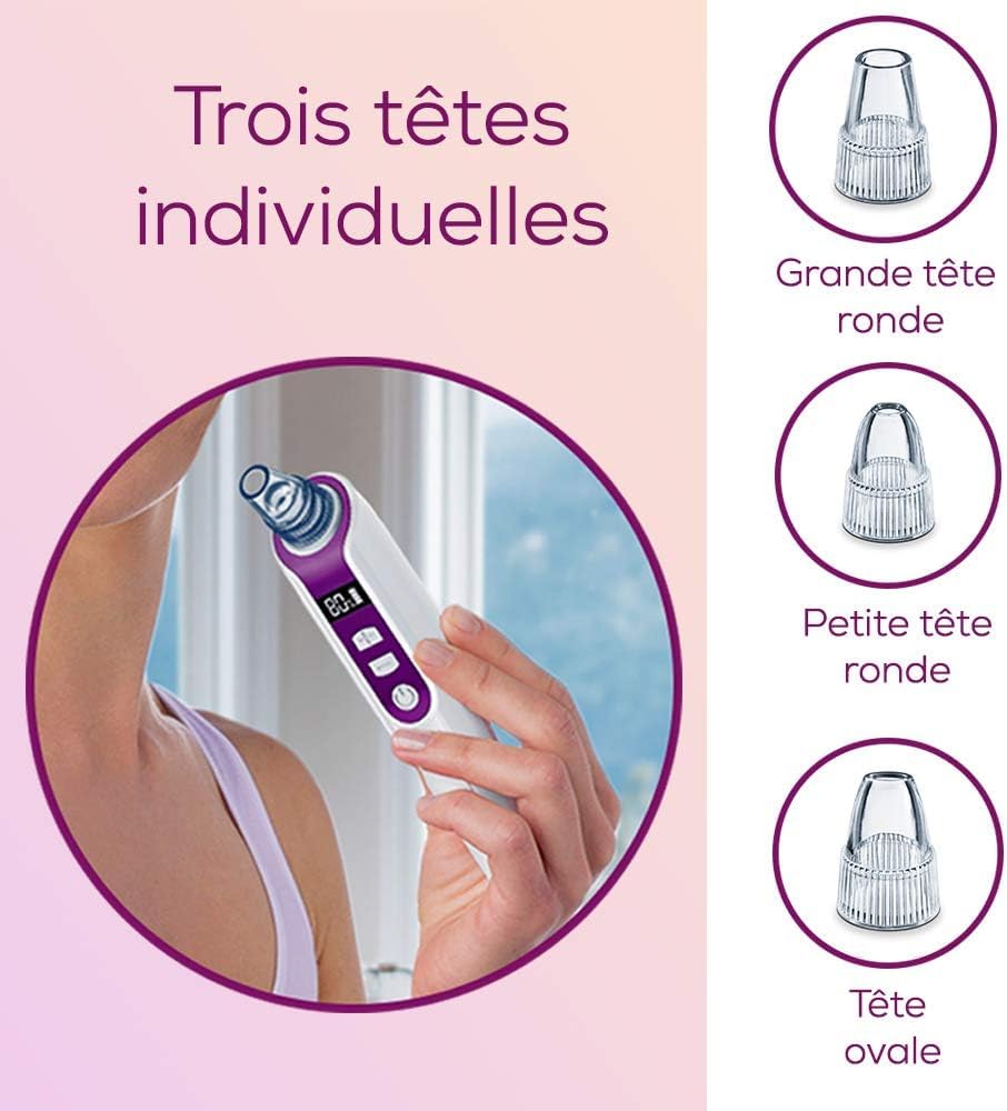 Beurer FC 41 Appareil anti points noirs, éliminateur électrique de points noirs pour un nettoyage des pores profond, 5 niveaux d'intensité et 3 têtes, convient à tous les types de peau