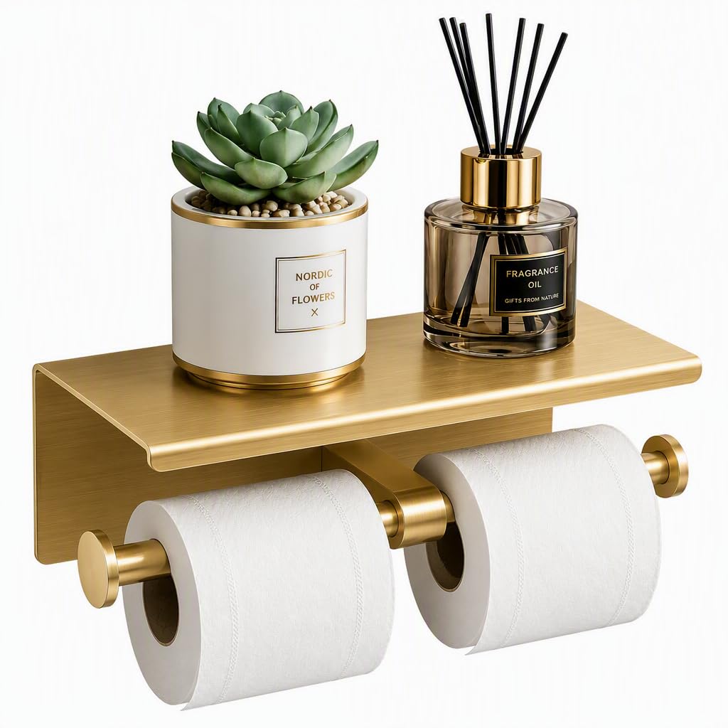 Toilet Paper Holder with Shelf, Stainless Steel, Holds 2 Rolls, Gold