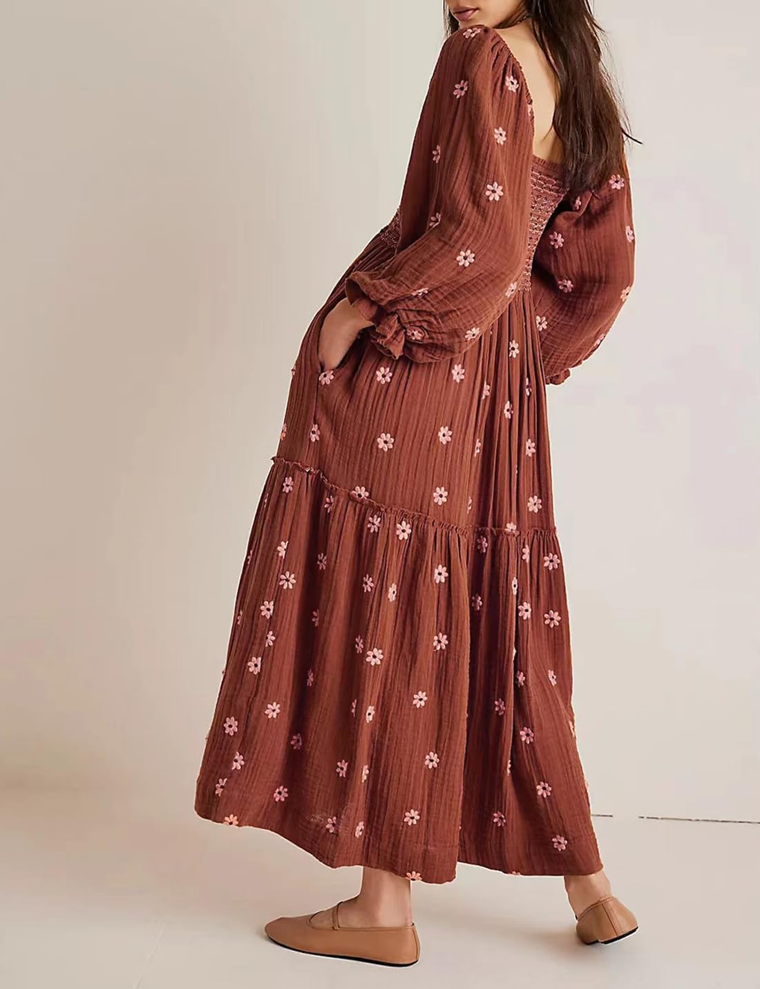 Yeenily Women Bohemian Floral Dress Lantern Sleeve Square Neck Flower Embroidered Maxi Dress Flowy High Waist Long Dress - Image 3