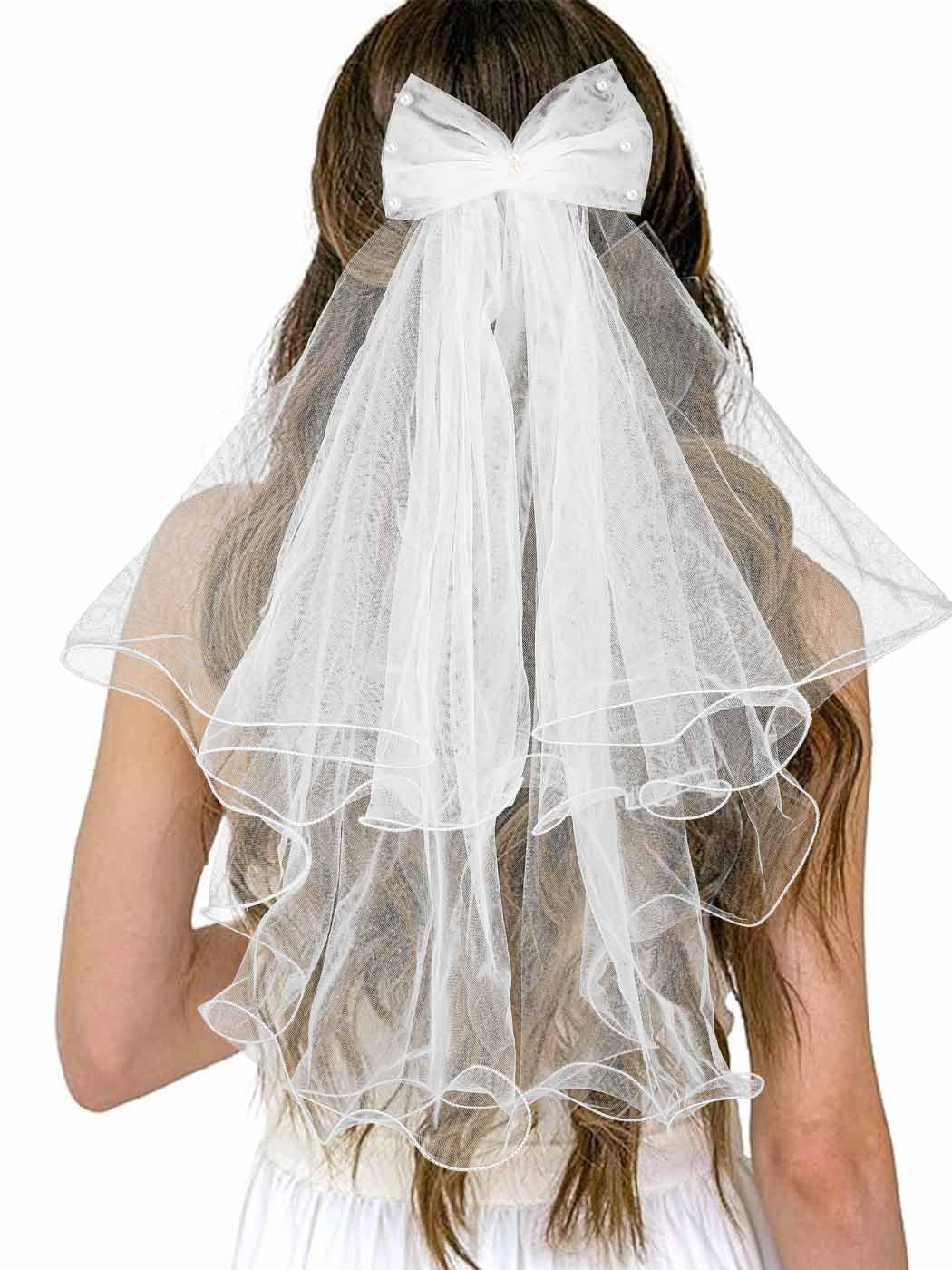 Foyte Velo corto con fiocco bianco da sposa velo in tulle con bordo increspato velo corto velo per addio al nubilato decorazioni per donne e spose