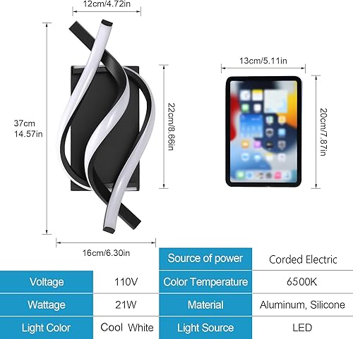 Miniatura 3 de AUA Aplique de pared LED, lámpara de pared moderna en espiral de 21 W, 6500 K, luz blanca fría de pared interior para dormitorio, sala de estar,