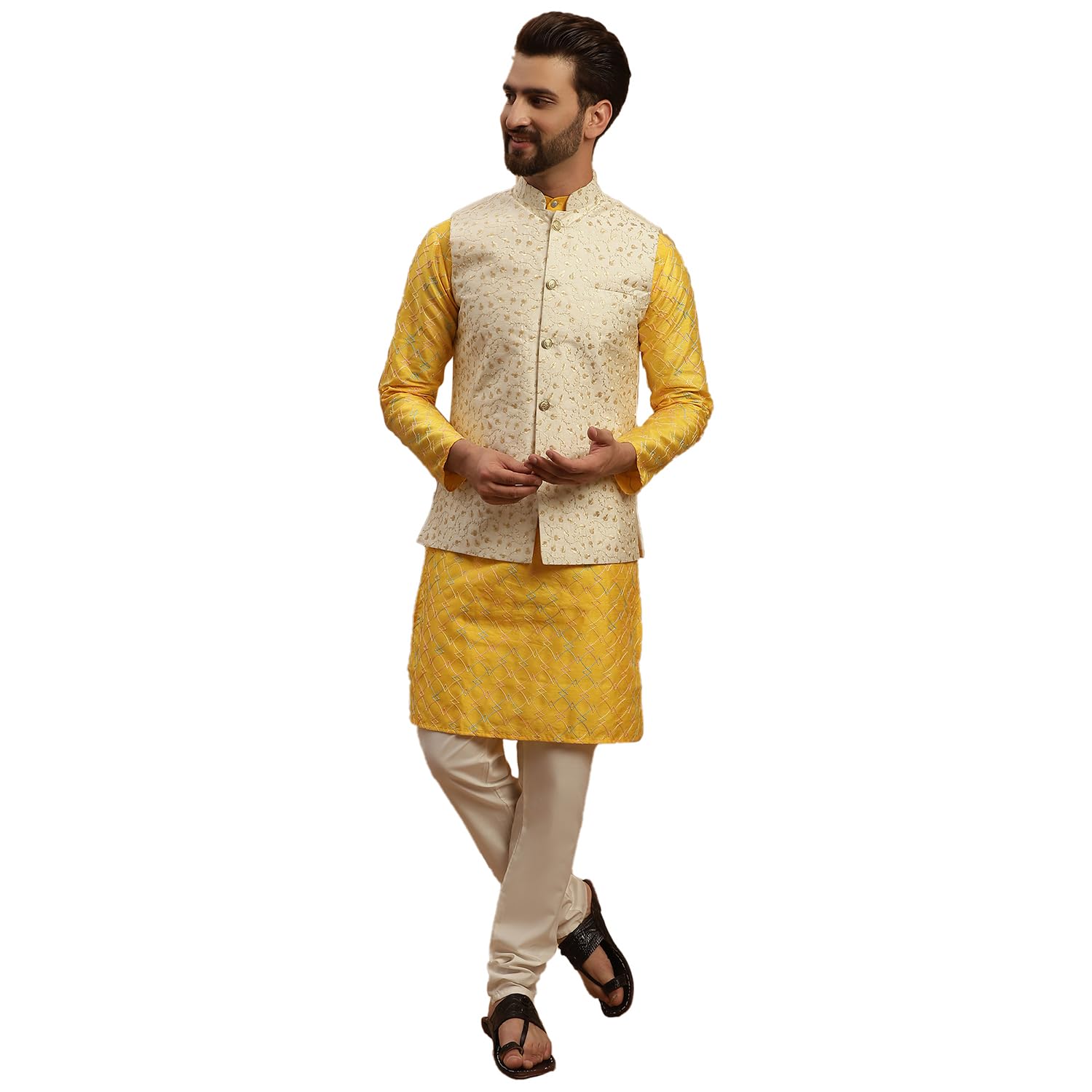 Sojanya (Since 1958 Men's Silk Blend Mustard Kurta And Cream Pyjama With Cream Embroidery Nehru Jacket