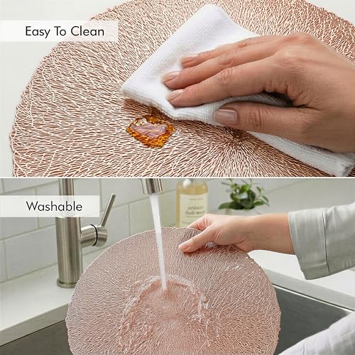 Image of Yellow Weaves 2 Pcs PVC Circle Weave Design Table Placemat, Dining Table Mat, Anti-Skid, Washable, Dining, Kitchen, Restaurant Table Set Easy to Clean, Durable (Rose Gold)