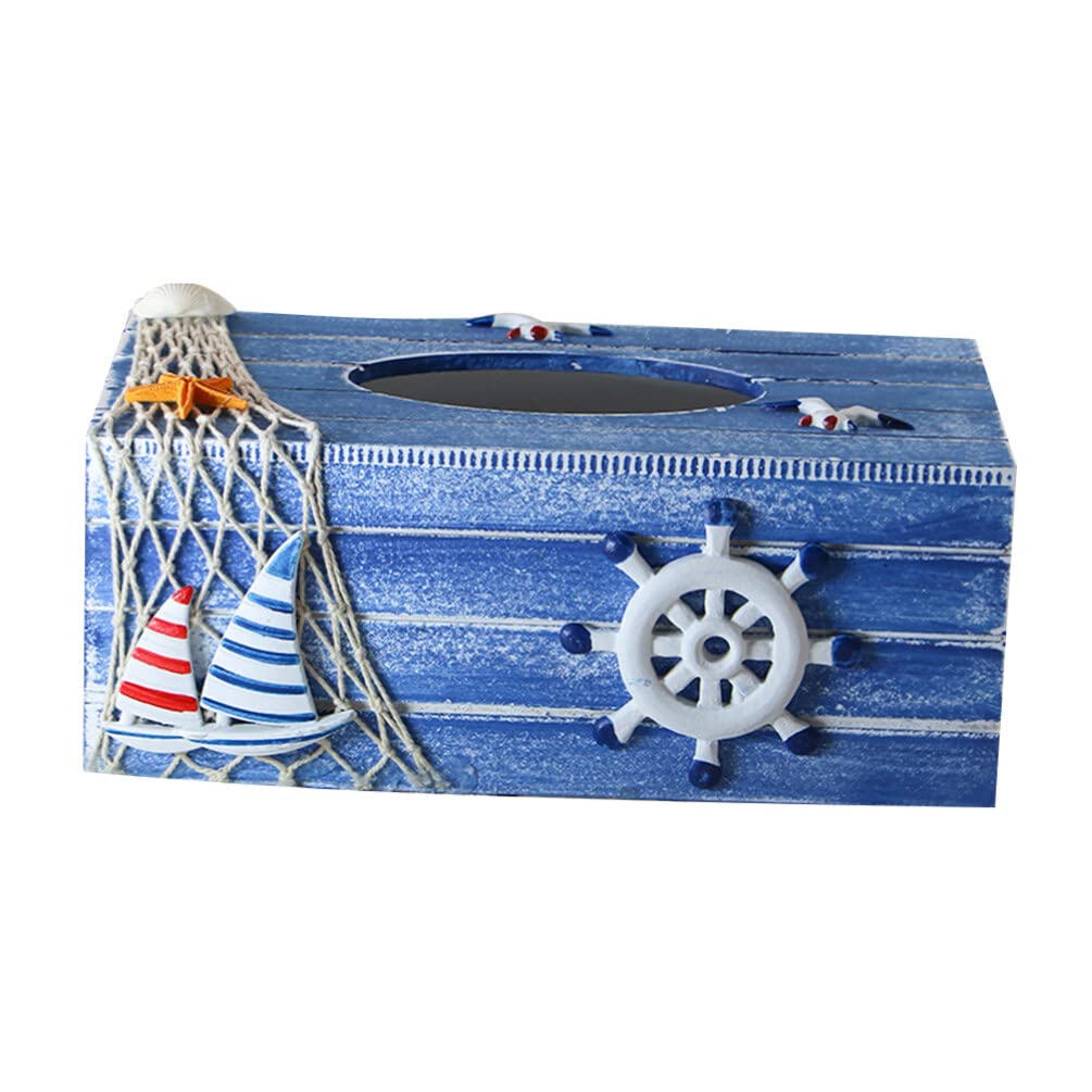 Scatola Fazzoletti in Legno Blu, Contenitore Decorativo Stile Costiero | Atmosfera Estiva, Organizza la Carta Finitura Resistente, per Tavolo Ristorante e Auto