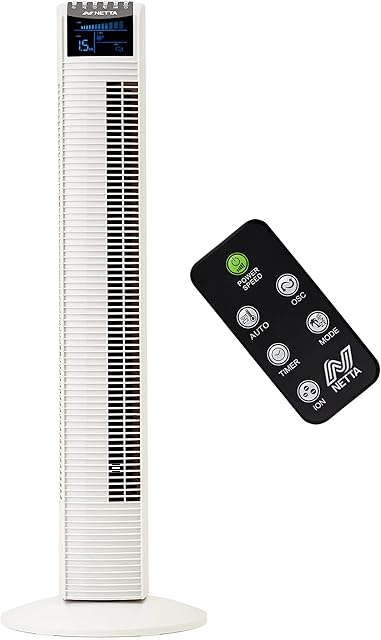 NETTA Tower Fan with Remote Control, 36 Inch Oscillating, LED Display, 3 Speed Settings With 8 Hours Timer, Bladeless Floor Fan for Bedroom Living Rooms Kitchen Home Office - White