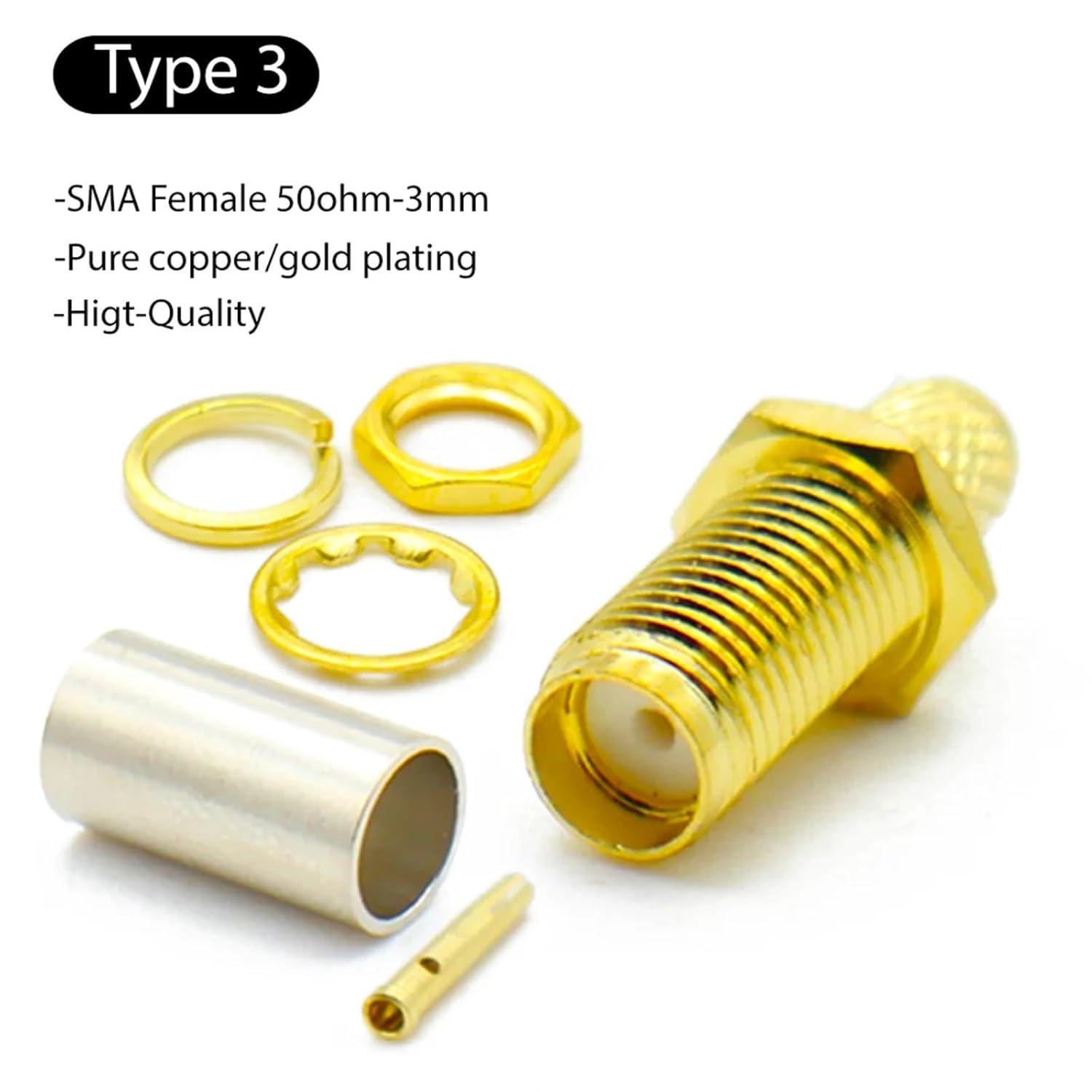 50ohm-3mm Cable SMA Connector RP Male/Female Coaxial Adapter Crimp(Type3,10PCS)