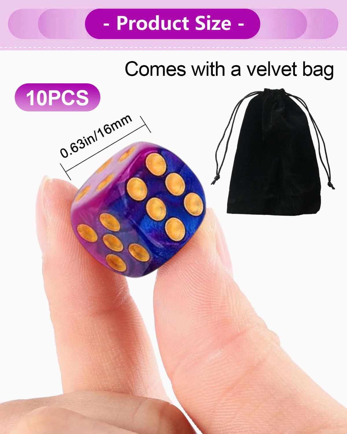 10 Dés à Jouer 16mm Acrylique Noir-Bleu – Yams, Jeux De Société, Rôle – Sac En Velours Inclus – Cadeau Ludique