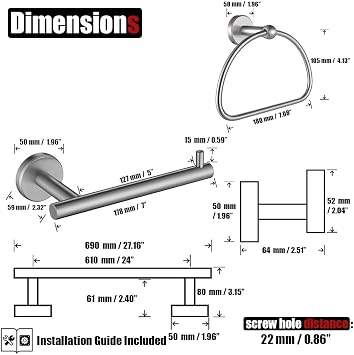 JQK Bathroom Hardware Set Oil Rubbed Bronze, 5-Piece Bath Accessories Set ORB Wall Mount includes 24 in Towel Bar, 7 in Towel Ring, Toilet Paper Holder, 2 Towel Hooks, BAS165-ORB