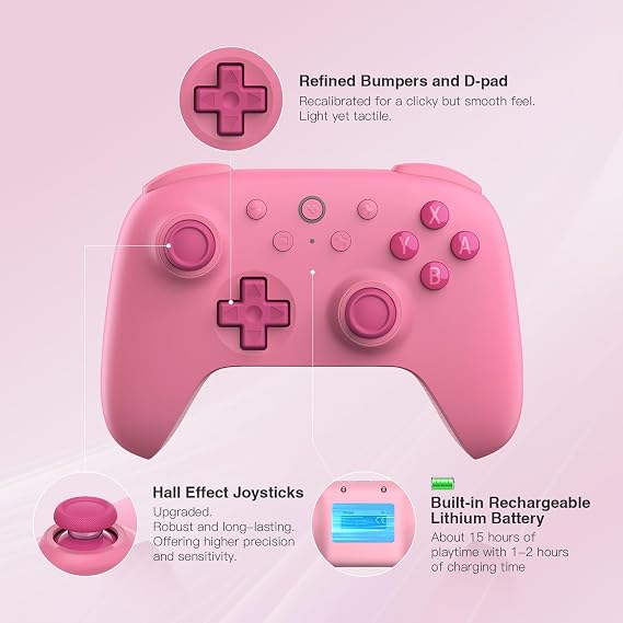 8Bitdo Ultimate 2C Bluetooth Denetleyici, Switch 2, Switch/OLED/Lite, Hall Effect Joysticks, Doğrusal Olmayan Dijital Tetikleyiciler, Yeniden Eşlenebilir L4/R4 Tamponlar, 6 Eksenli Hareket, Rumble Titreşimi (Pembe)