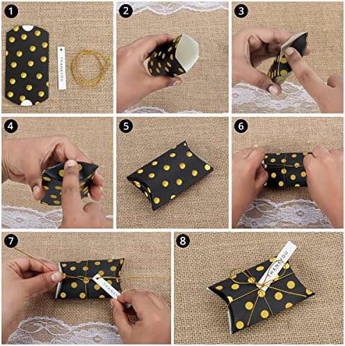 Belle Vous 50 Pack Gold & Black Paper Pillow Favour Boxes with Gift Tags & String - Vintage Kraft Style Polka Dot & Stripe Candy Treat Boxes for Wedding, Birthday Party, Christmas, Baby Shower