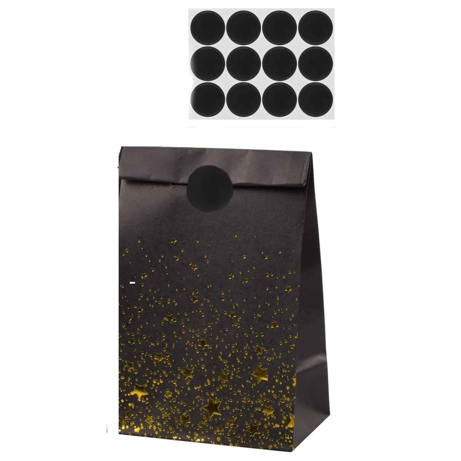 Paper gift bags – 12 pieces with stickers & star pattern – for sweets, giveaways, children's birthday, wedding & party (Black)