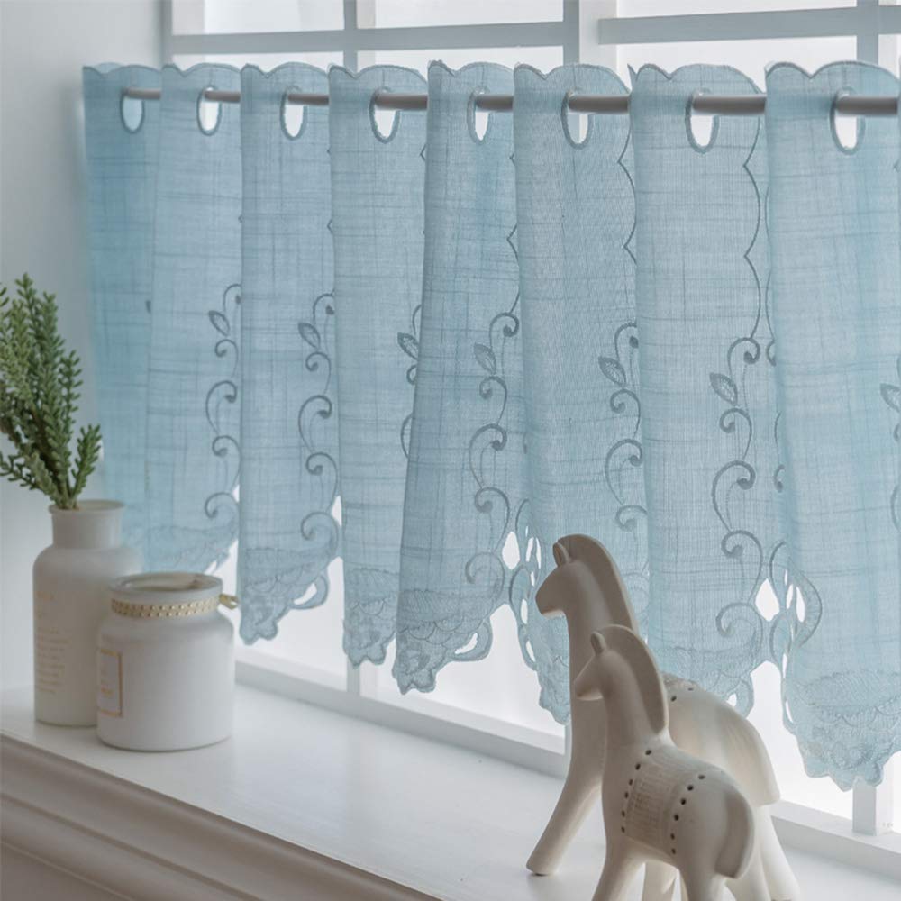 Rideaux courts de cuisine en coton lin bleu pastel pour fenêtre