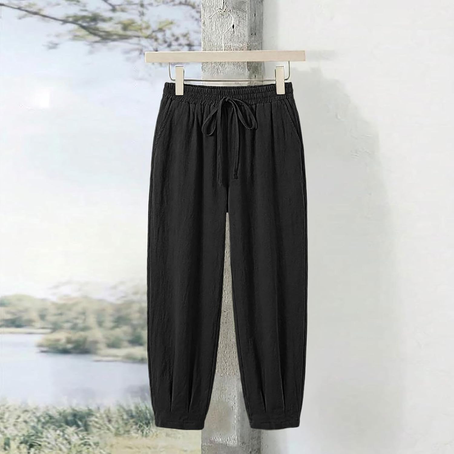 Womens Cotton Linen Wide Leg Pants High Waisted Palazzo with Pockets Summer Drawstring Trousers Beach Travel Work