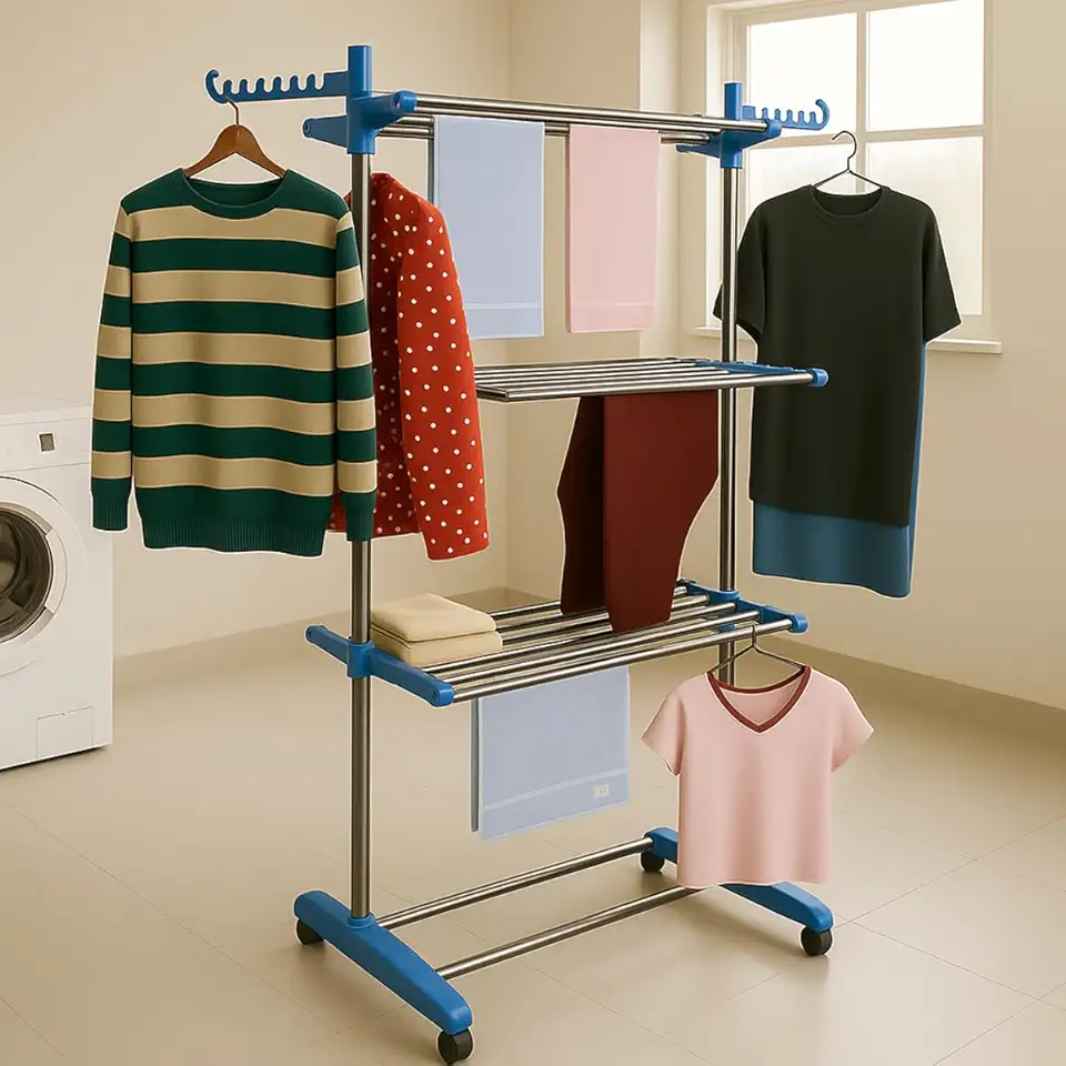 Varal de Chão Dobrável, 3 Andares, Aço Inox, Azul, Com Rodas, Retrátil e Compacto, Para Roupas e Lavanderia