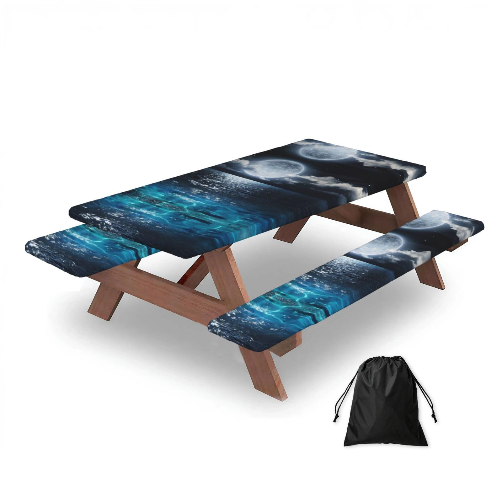 Moon and Sea Rectangular water-repellent picnic tablecloths, outdoor camping, picnic, BBQ